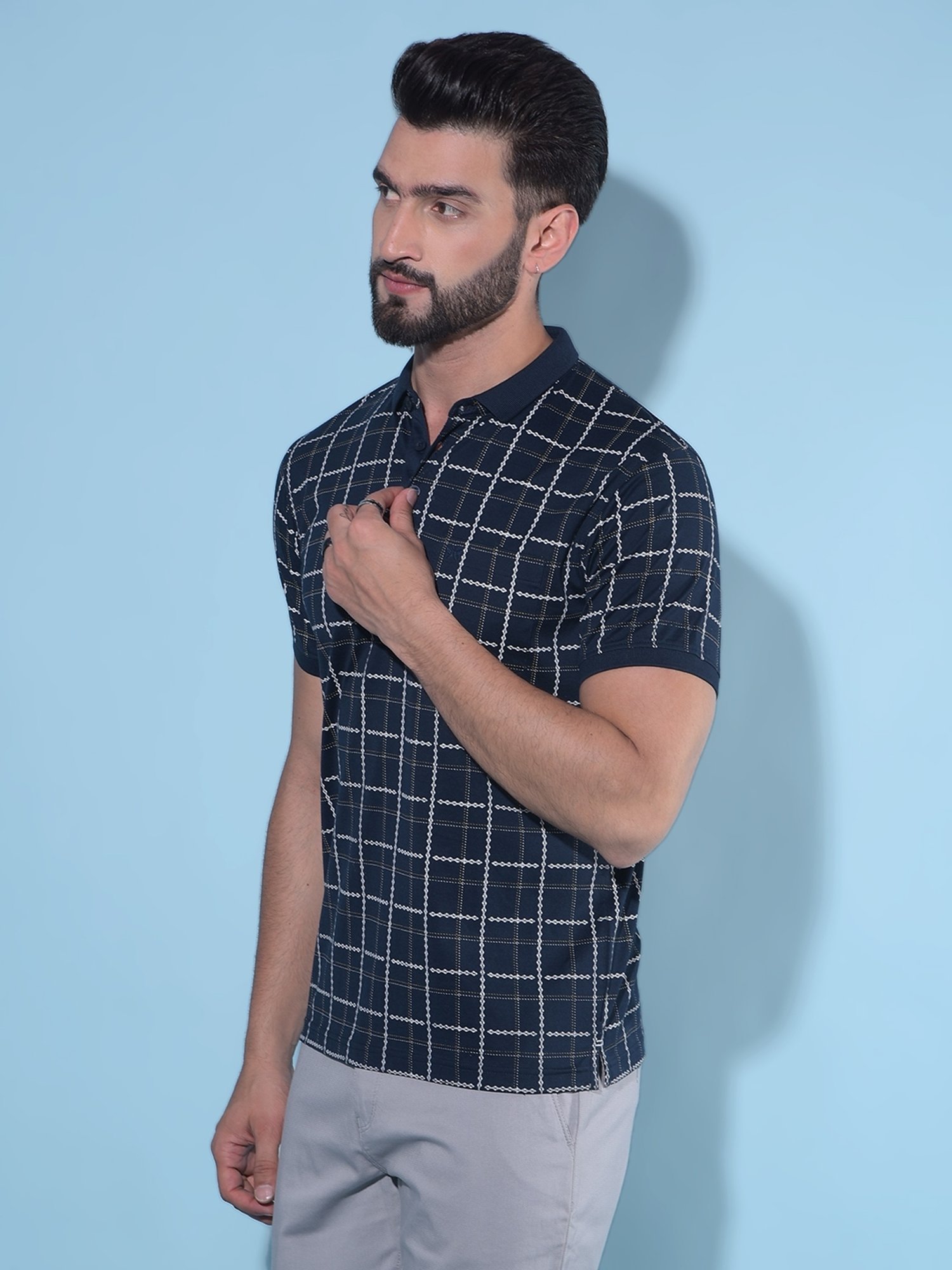 Crimsoune Club Navy Blue Cotton Slim Fit Checks Polo T-Shirt