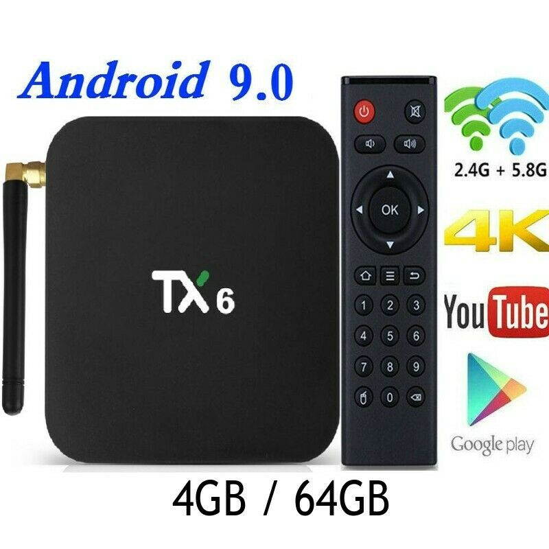 New Android 9.0 TV Box,TX6 Android TV Box 4GB DDR3 64GB EMMC Dual WiFi 2.4G+5G Bluetooth Quad Core 3D 4K Ultra HD H.265 USB3.0 Android TV Set Top Box