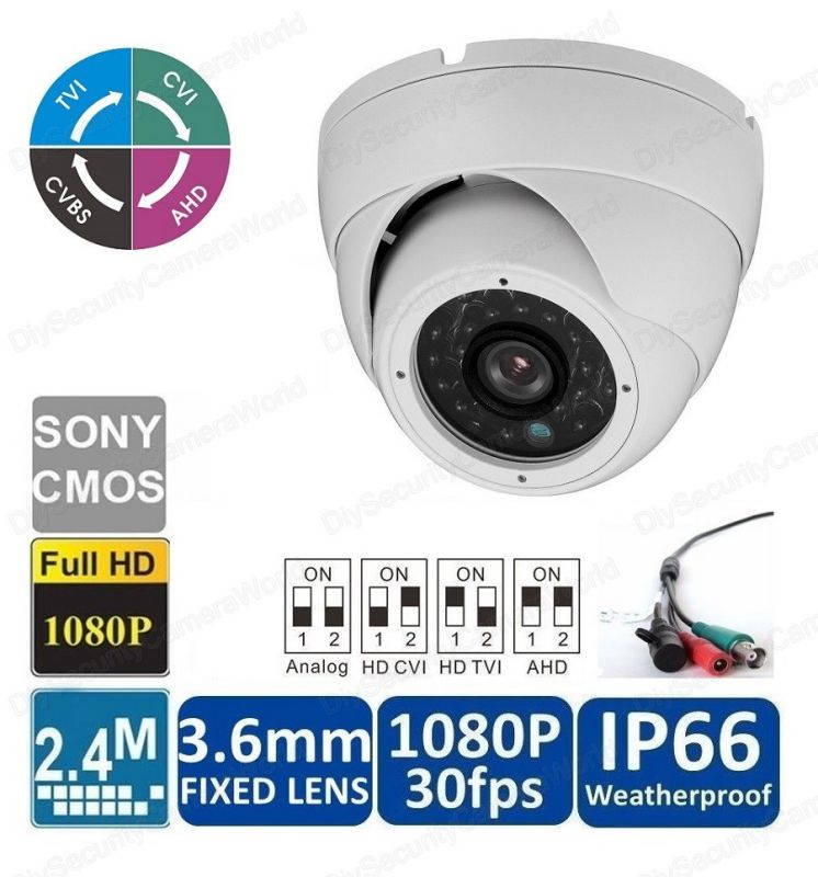 2.4MP 4-in-1 TVI CVI AHD CVBS (960H) Full HD 1080p Dome Indoor/Outdoor IP66 Weatherproof CCTV Security Camera 24IR LED Night Vision 3.6mm Lens BNC Output 12VDC