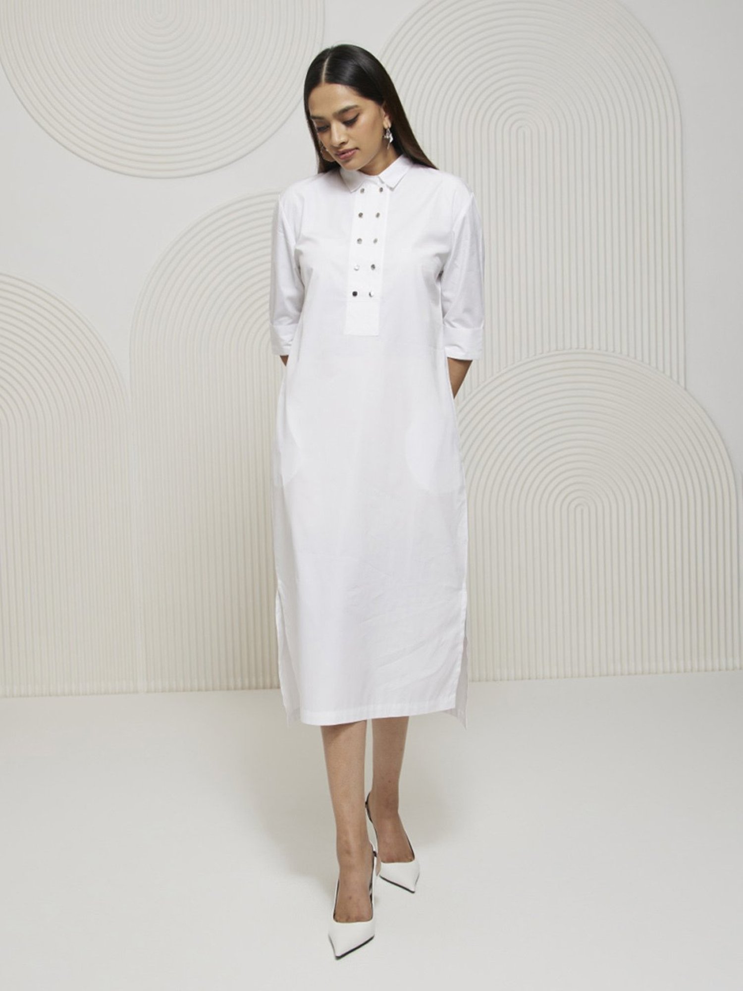 Artagai White Shirt Dress with Metal Button Detall