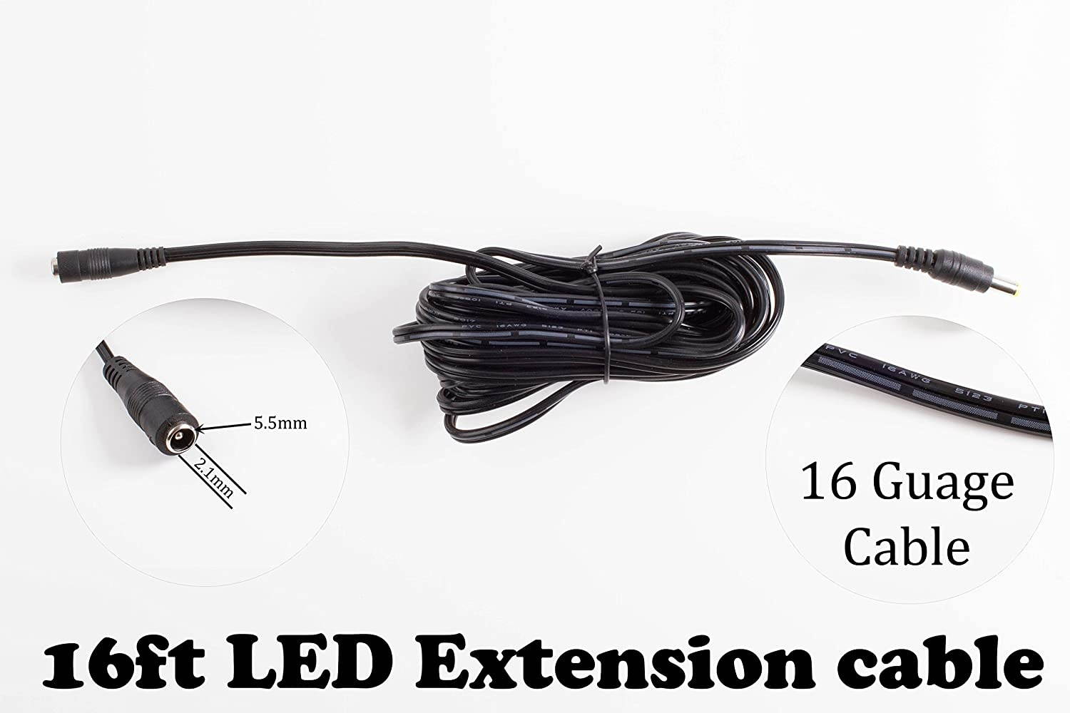 LEDUPDATES DC Plug Power Adapter Extension Cable 5.5MM X 2.1MM Plug, 16 AWG Heavy Duty Cable for 5v 12v 24v LED Strip Light, Home Security Camera Surveillance System, DVR and More (16ft)