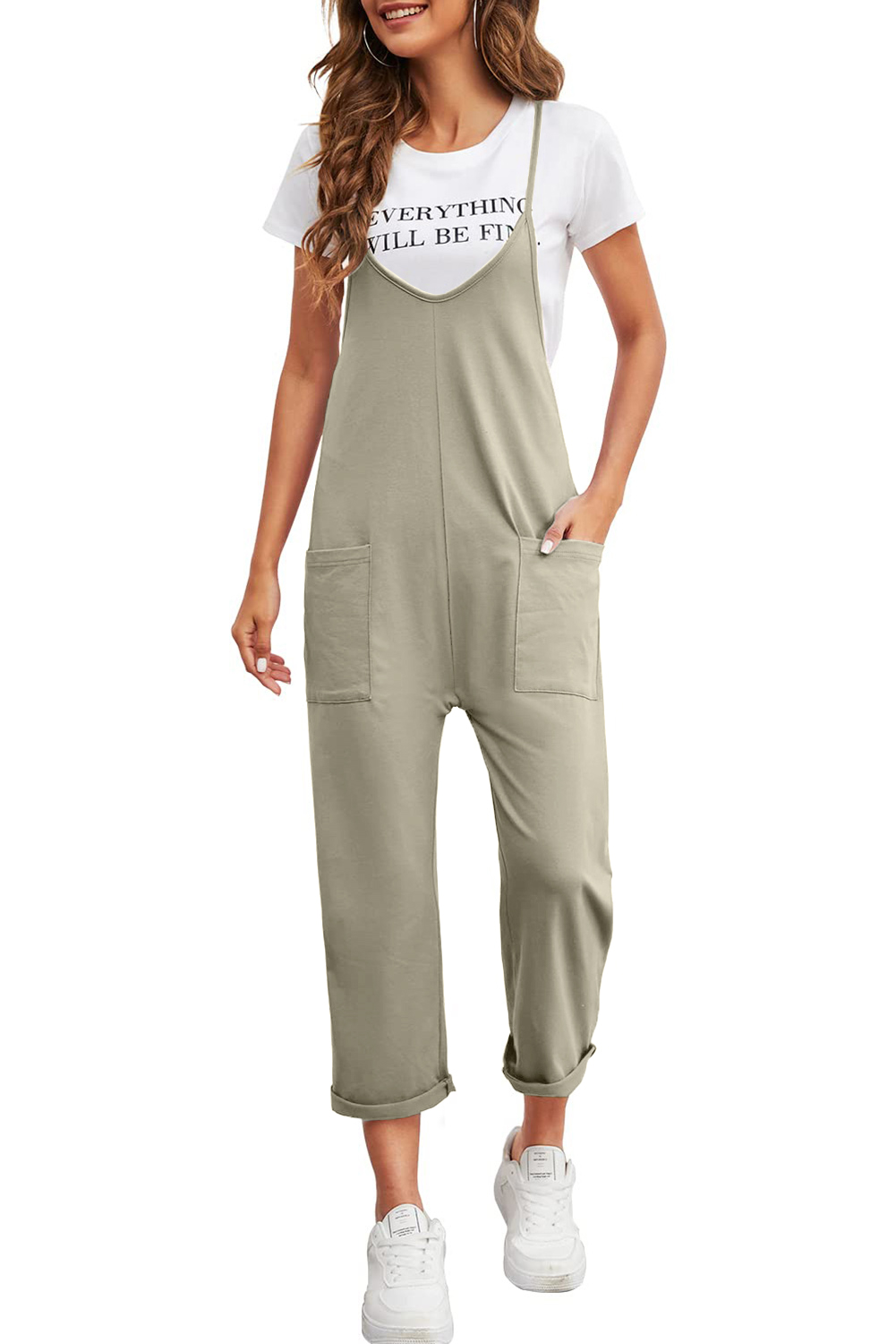 Rose Tan Solid Self Tied Straps Pleated Wide Leg Jumpsuit