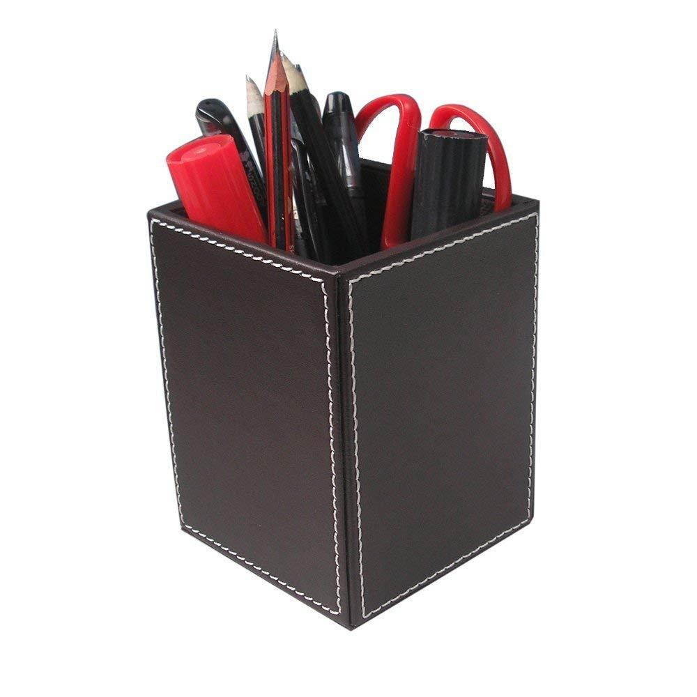 KINGFOM PU Leather Square Pens Pencils Holder Cup Desktop Stationery Organizer Case Office Accessories Container Box Brown