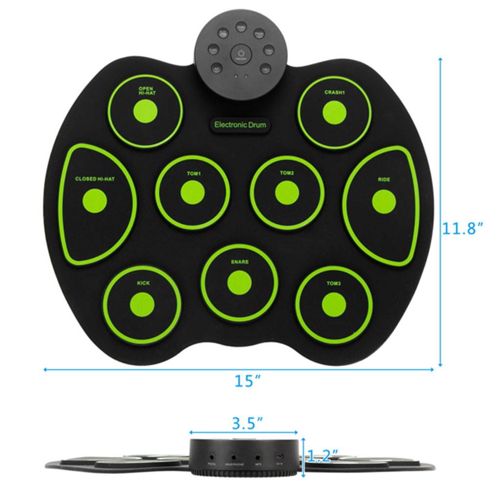 Portable Electric Drum Set 9 Full-Tone Standard Drum Pads with Drum Stick, Headphone Jack and Pedals Multiple Power Supply Methods Best Gift for Christmas Holiday Birthday Green