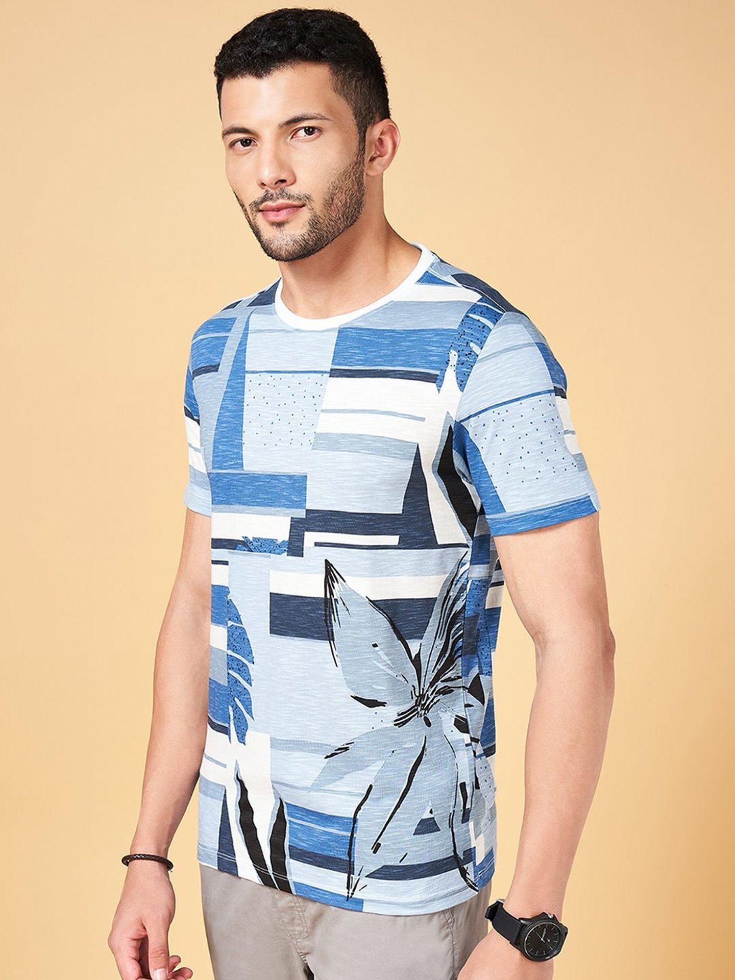 Urban Ranger by Pantaloons Blue Cotton Slim Fit Printed T-Shirt