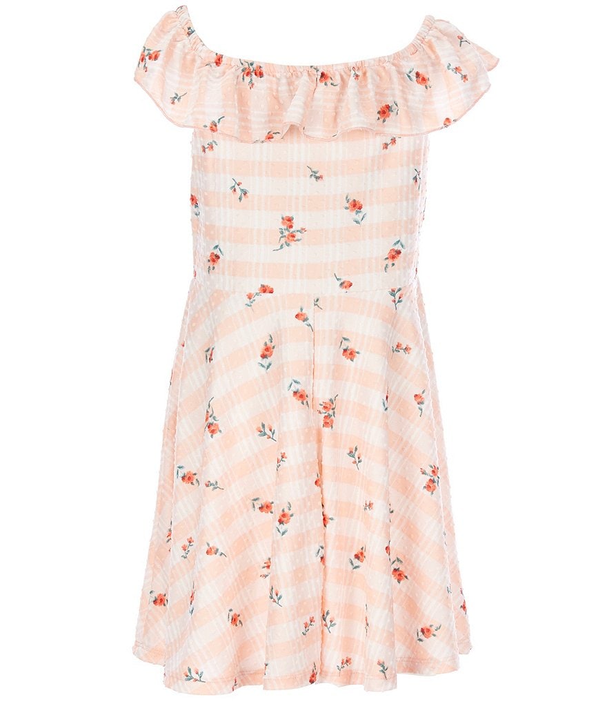 Ally B Big Girls 7-16 Flutter-Sleeve Checked/Floral Textured-Knit Fit-And-Flare Dress
