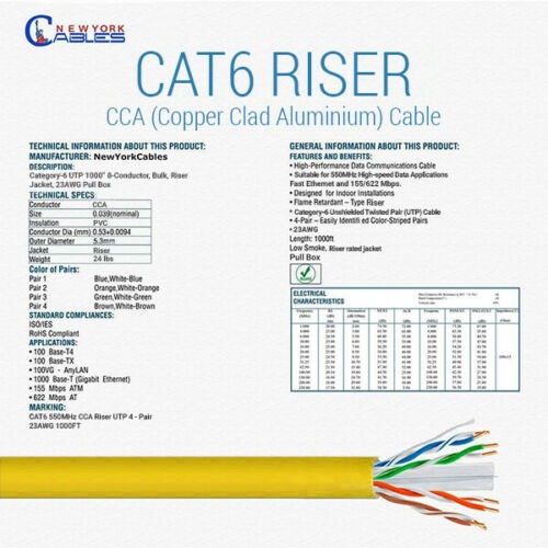 Cat6 Riser (CMR) 1000ft - 4 Pair Solid 23AWG, Ethernet Cable 1000 ft Outdoor - 550MHz 10 Gigabit Speed, Unshielded Twisted Pair (UTP), Bulk Ethernet Cable - Black