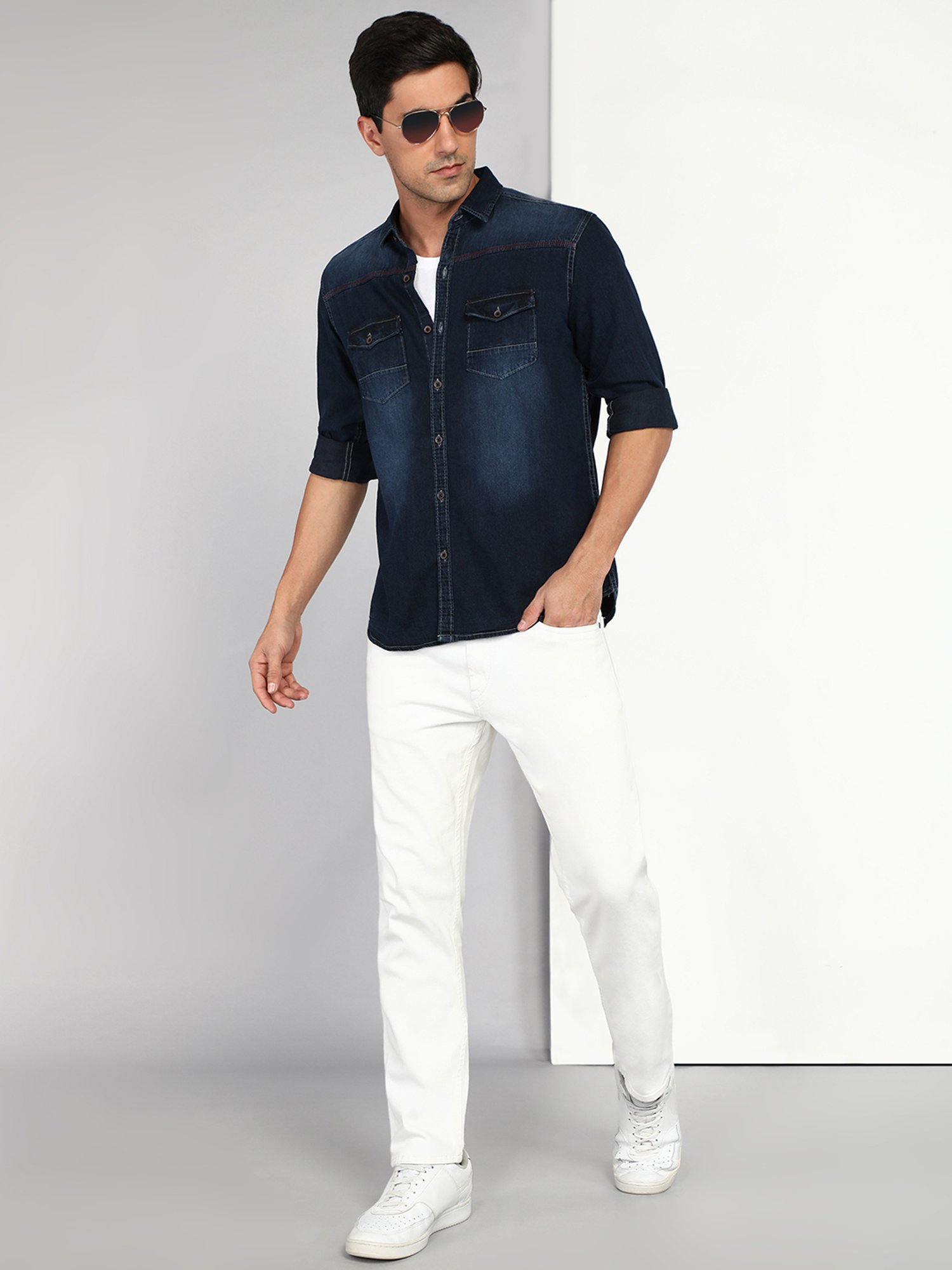 Kuons Avenue Dark Blue Slim Fit Denim Shirt