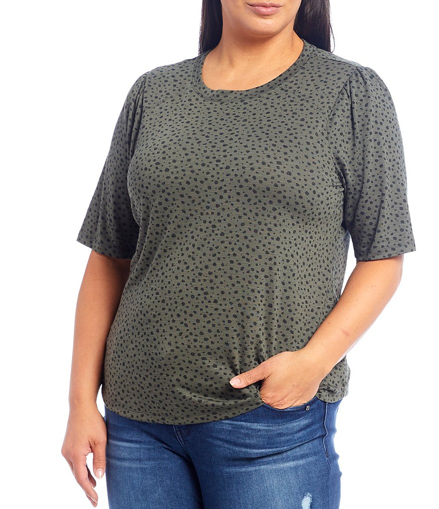 Democracy Plus Size Dot Print Jewel Neck Elbow Sleeve Knit Tee