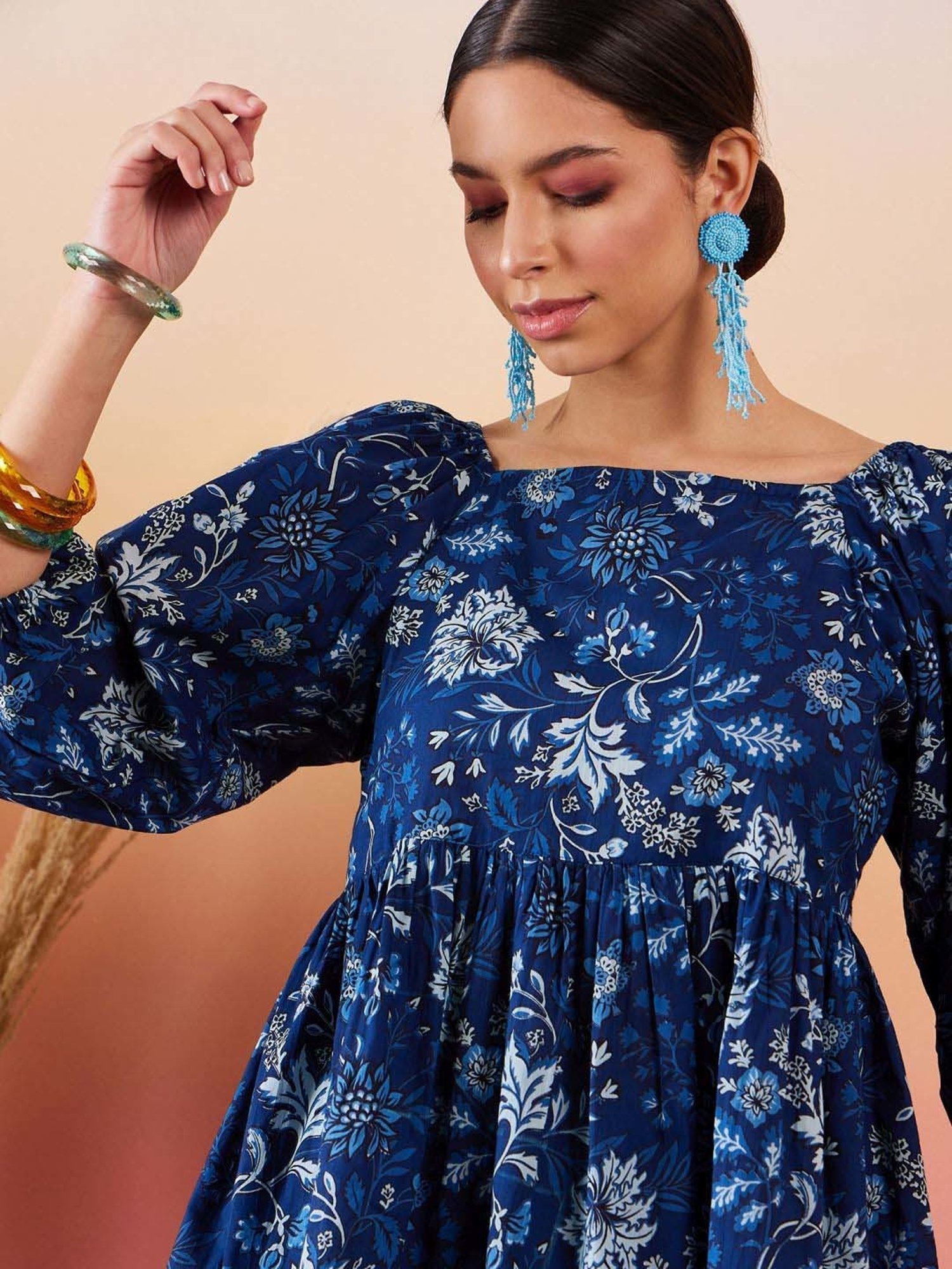 Inweave Blue Cotton Floral Print Top