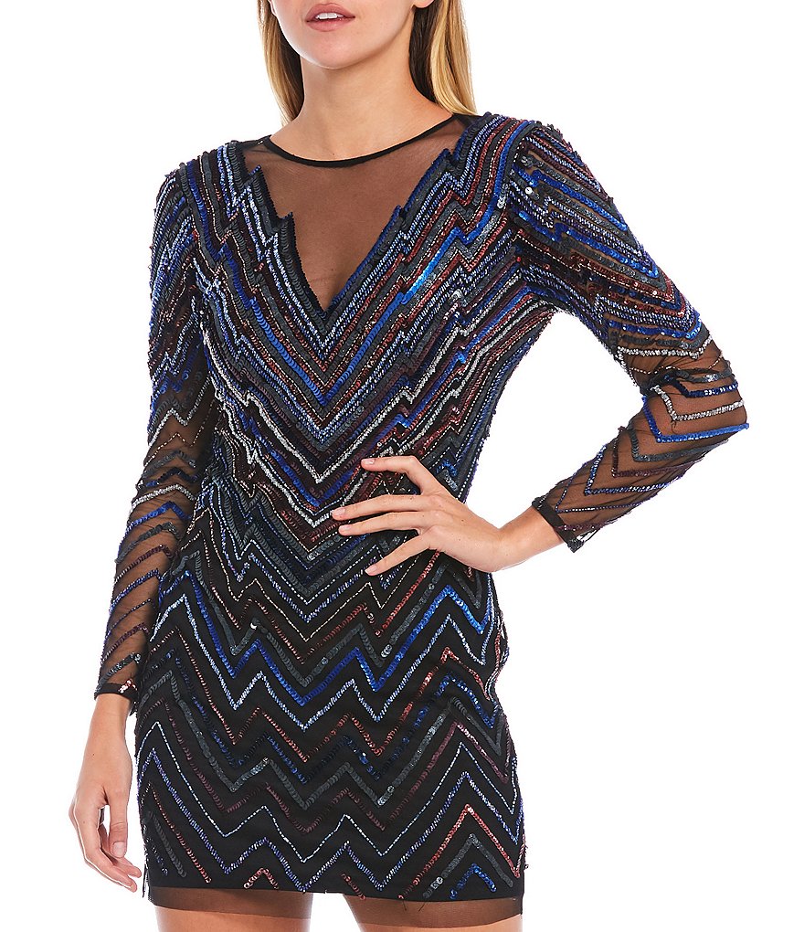 Aidan Aidan Mattox Illusion V-Neck Chevron Beaded Mesh Mini Sheath Dress