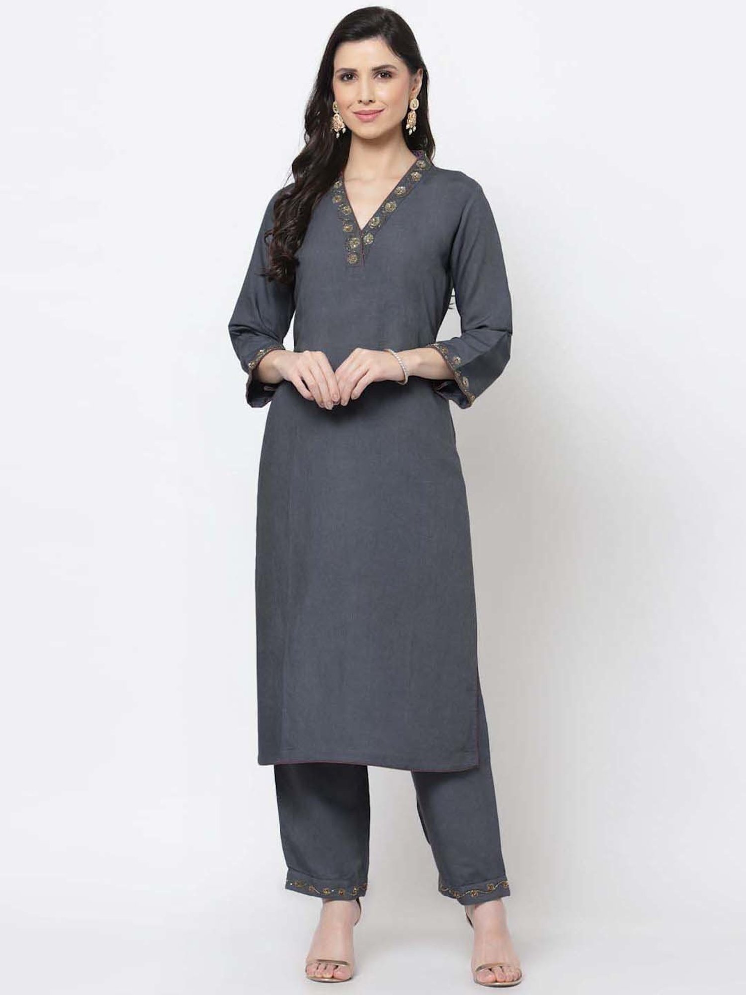DART STUDIO Grey Linen Embroidered Straight Kurta