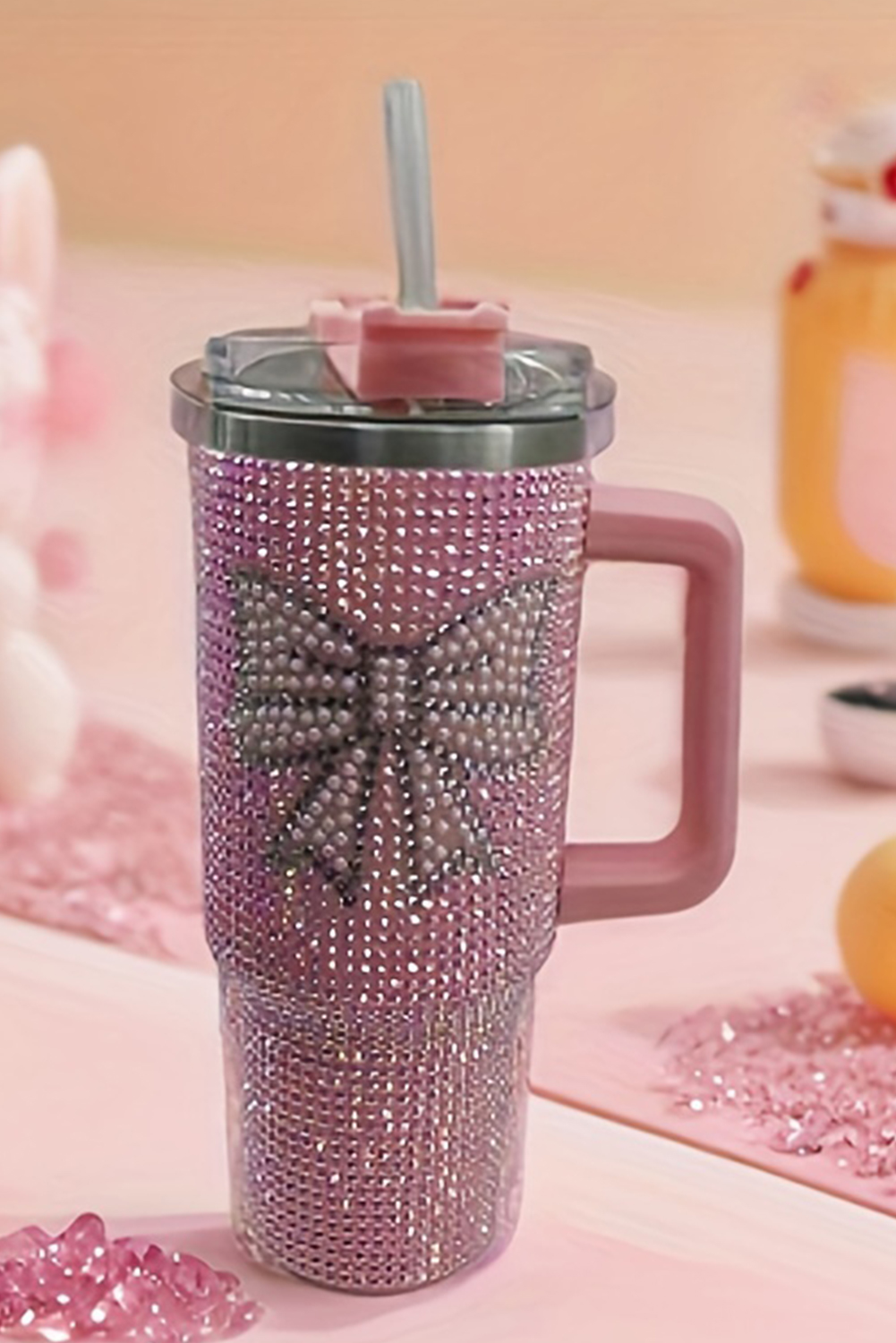 Pink Checkered Print Handled Stainless Steel Tumbler Cup