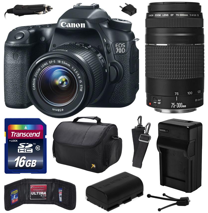 Canon EOS 70D Digital SLR Camera with 18-55mm STM and EF 75-300mm f/4-5.6 III Lens includes 16GB Memory + Large Case + Extra Battery + Travel Charger + Memory Card Wallet + Cleaning Kit 8469B009