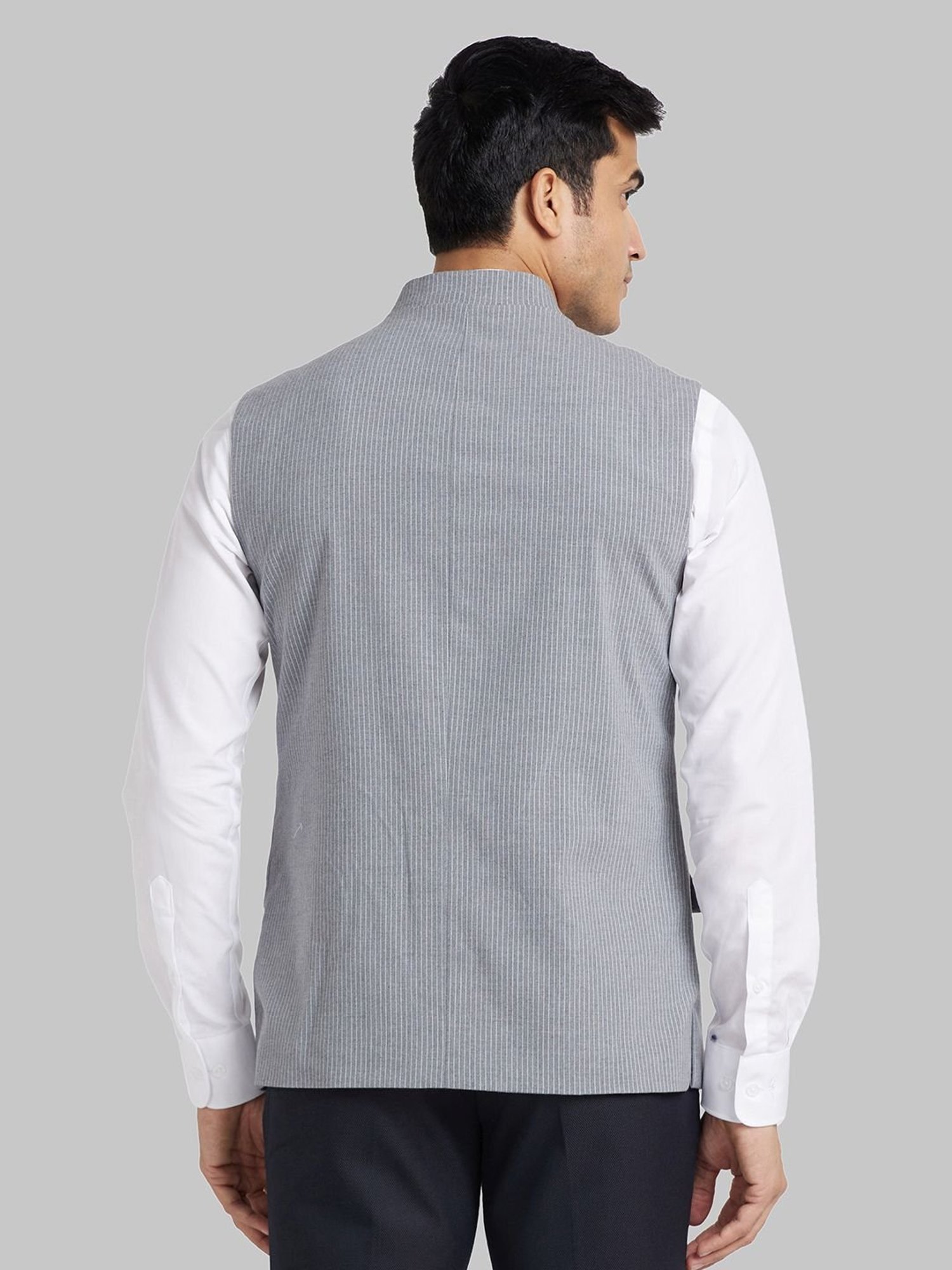 Park Avenue Grey Slim Fit Striped Nehru Jacket
