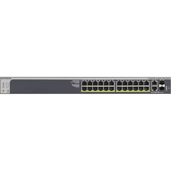 NETGEAR 28-Port PoE Gigabit/10G Stackable Smart Switch (GS728TXP) - Managed with 24 x PoE+ @ 195W, 2 x 10G Copper and 2 x 10G SFP+, Desktop/Rackmount, and ProSAFE Lifetime Protection