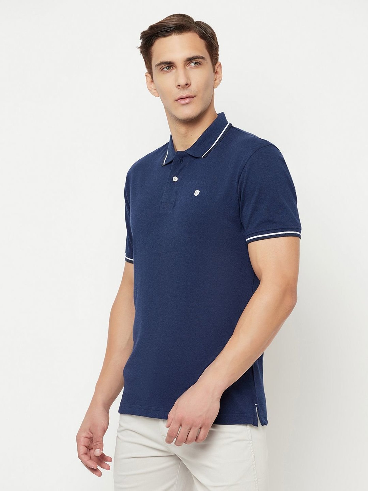 Cantabil Navy Blue Cotton Regular Fit Polo T-Shirt
