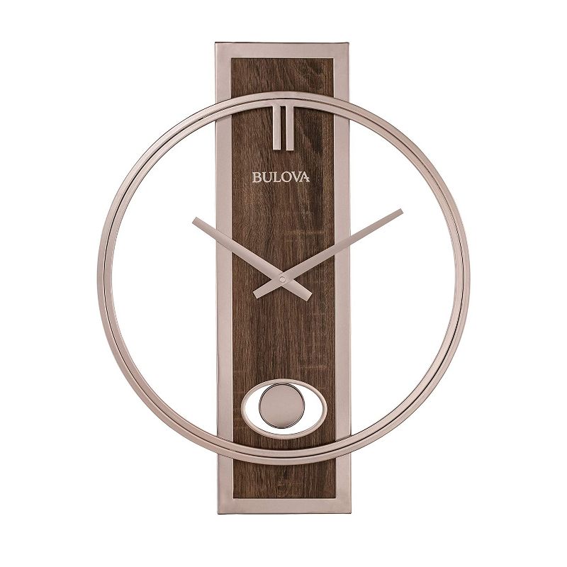 Bulova C4117 Phoenix Minimalist Metal Slow Swing Pendulum Wall Clock with Walnut Finish Center Panel and Metal Case and Hands, Champagne