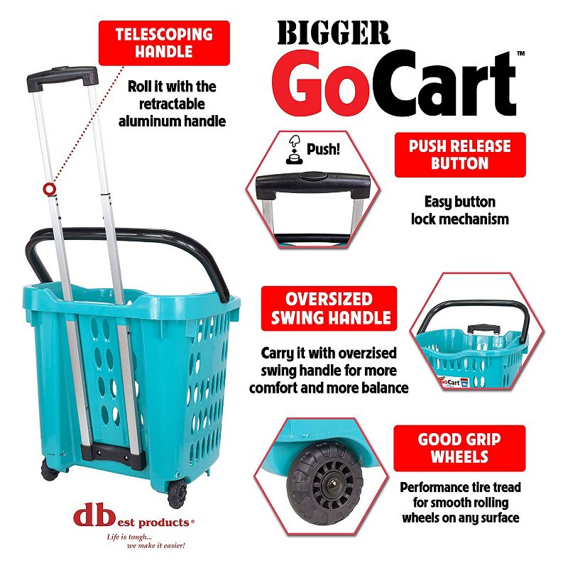 dbest products Bigger GoCart 2 Wheel Waterproof Grocery Cart Shopping Utility Laundry Basket w/ Extendable Handle & 120 Pound Capacity, Teal (5 Pack)