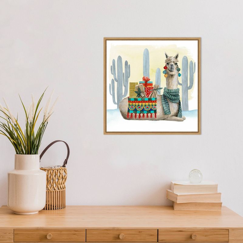 16" x 16" Boho Christmas II Llama Cactus by Grace Popp Framed Canvas Wall Art - Amanti Art