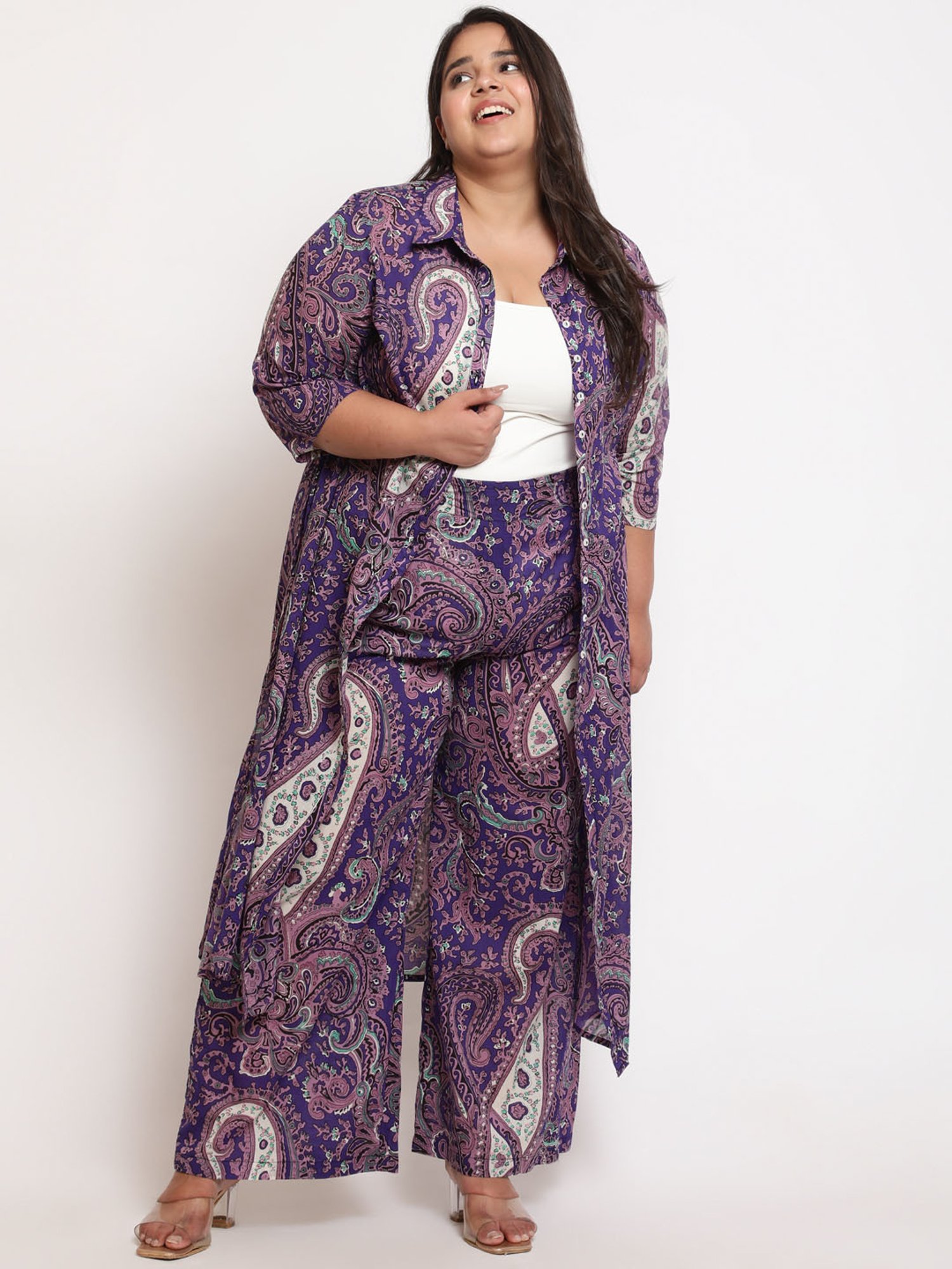 Amydus Purple Printed Regular Fit High Rise Pants
