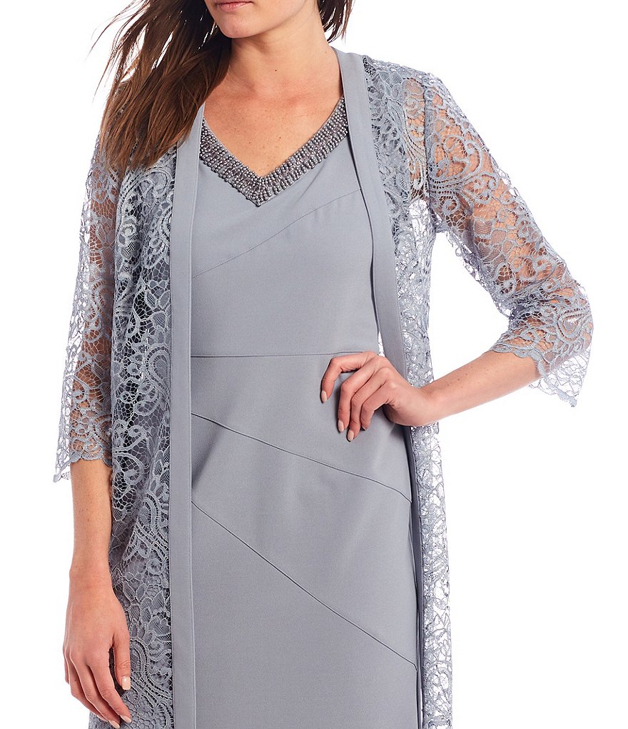 Le Bos Scalloped Lace V-Neck 3/4 Sleeve Jacket Dress