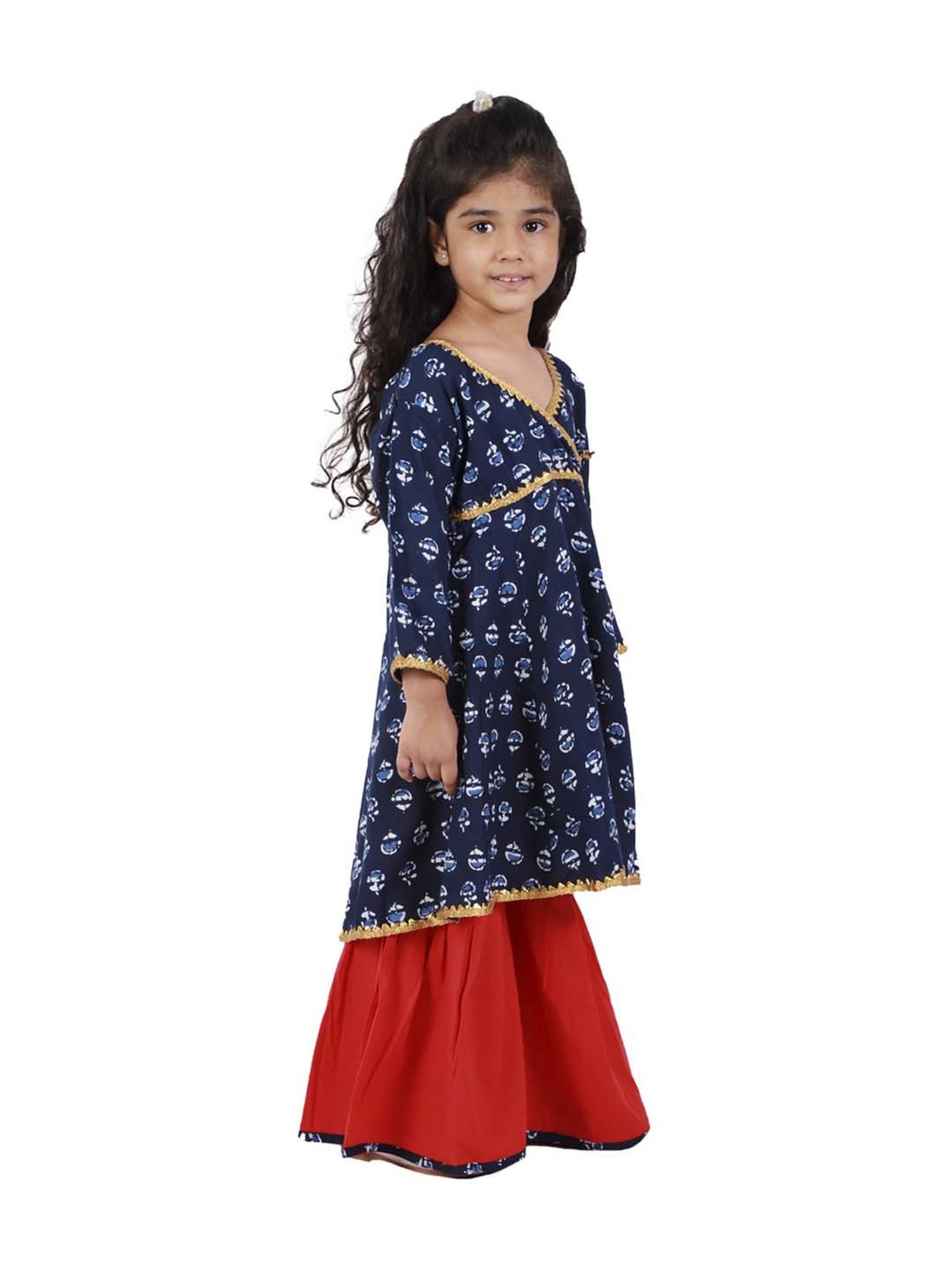 Ahhaaaa Kids Blue & Red Cotton Floral Print Anarkali Set