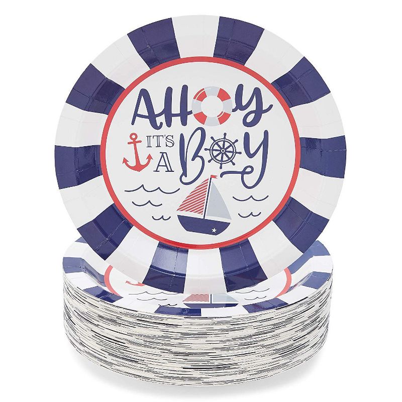 Blue Panda 80Pcs Ahoy It's a Boy Nautical Disposable Party Paper Plates 9" for Baby Shower
