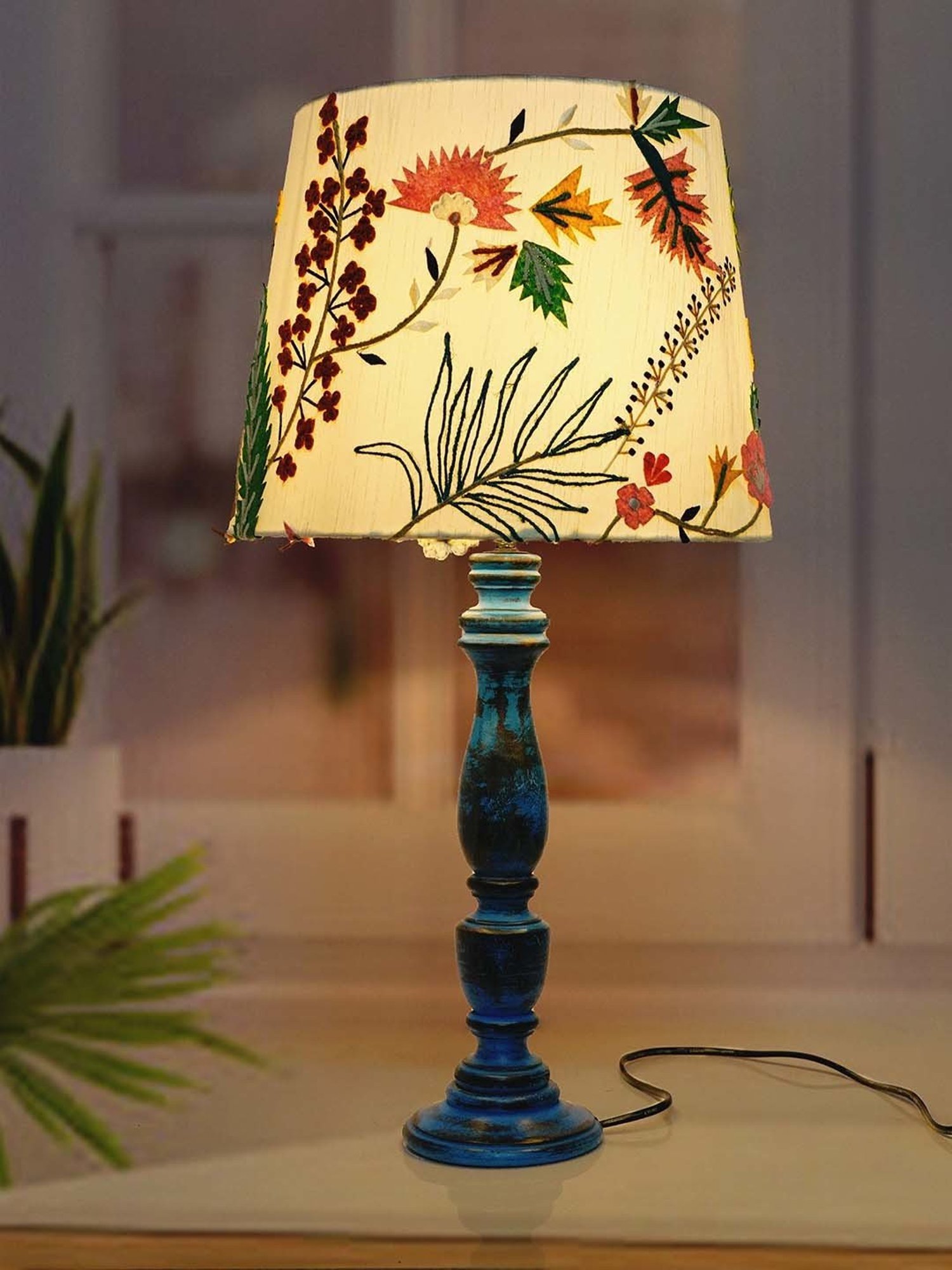 FOS LIGHTING Distressed White & Blue Wood Table Lamp With Fabric Shade