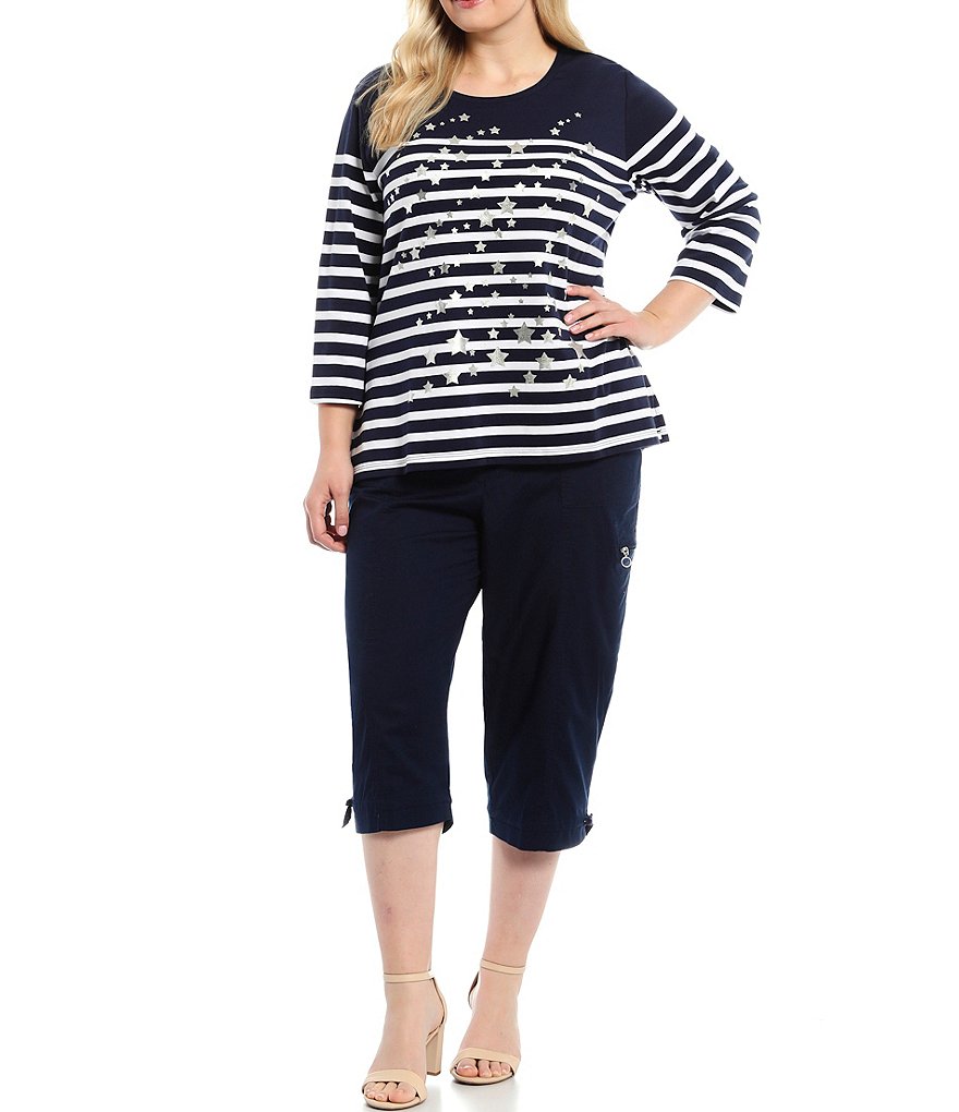 Allison Daley Plus Size Stripe Print 3/4 Sleeve Round Neck Top