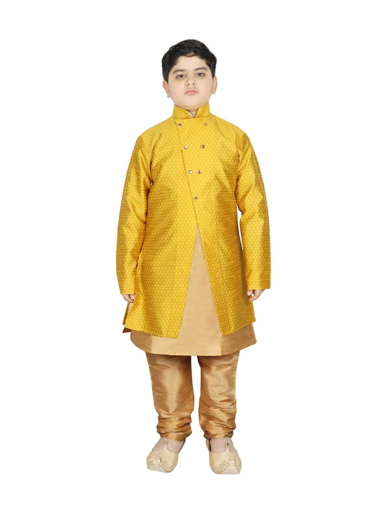 SG Yuvraj Kids Gold & Yellow Textured Pattern Full Sleeves Kurta Set