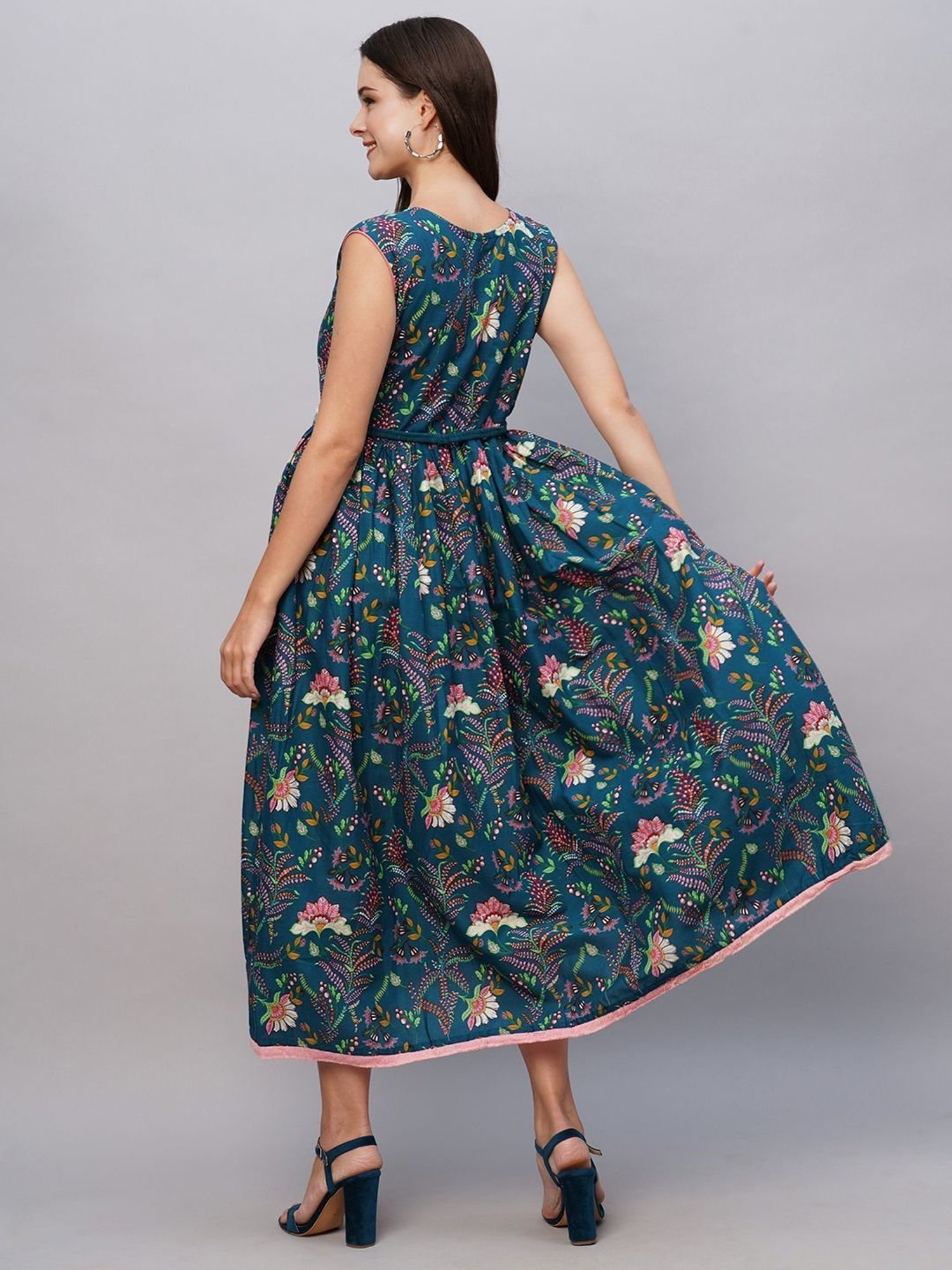 KIANA Blue Cotton Printed Maxi Dress