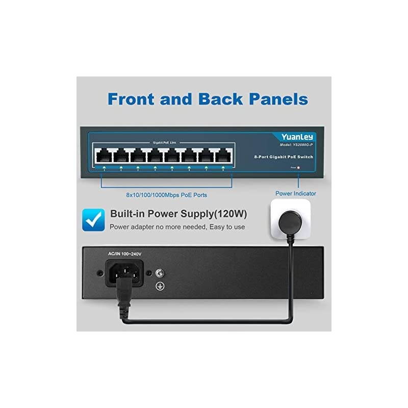 8 Port Gigabit PoE Switch 8 PoE+ Ports 1000Mbps 120W 8023afat Metal Fanless Unmanaged Plug and Play