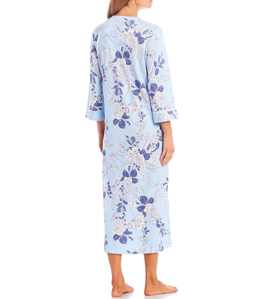 Miss Elaine Petite Floral Print Interlock Knit Long Zip Front Robe
