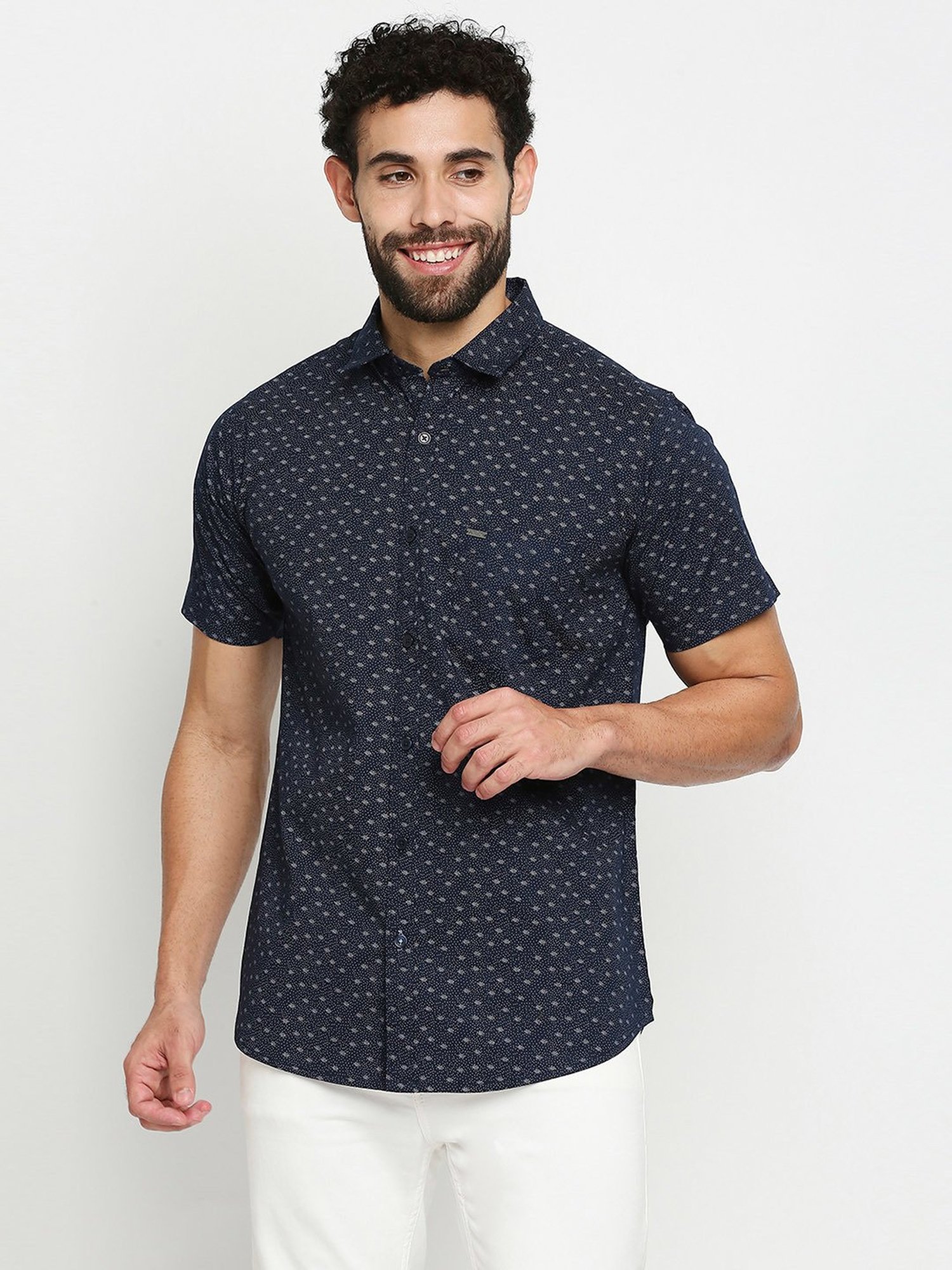 SOLEMIO Navy Slim Fit Printed Shirt