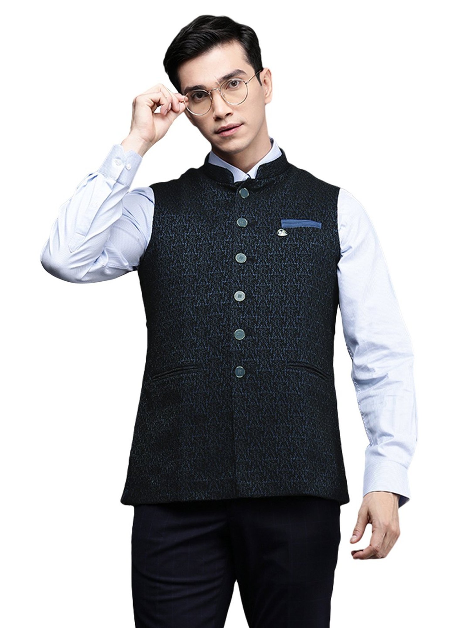 Manyavar Blue Mandarin Collar Nehru Jacket