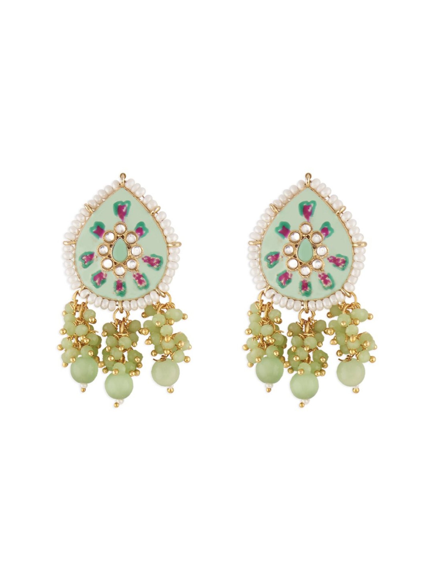 Zaveri Pearls Green Pink Meenakari Multistrand Necklace, Earring, Maangtikka & Ring Set