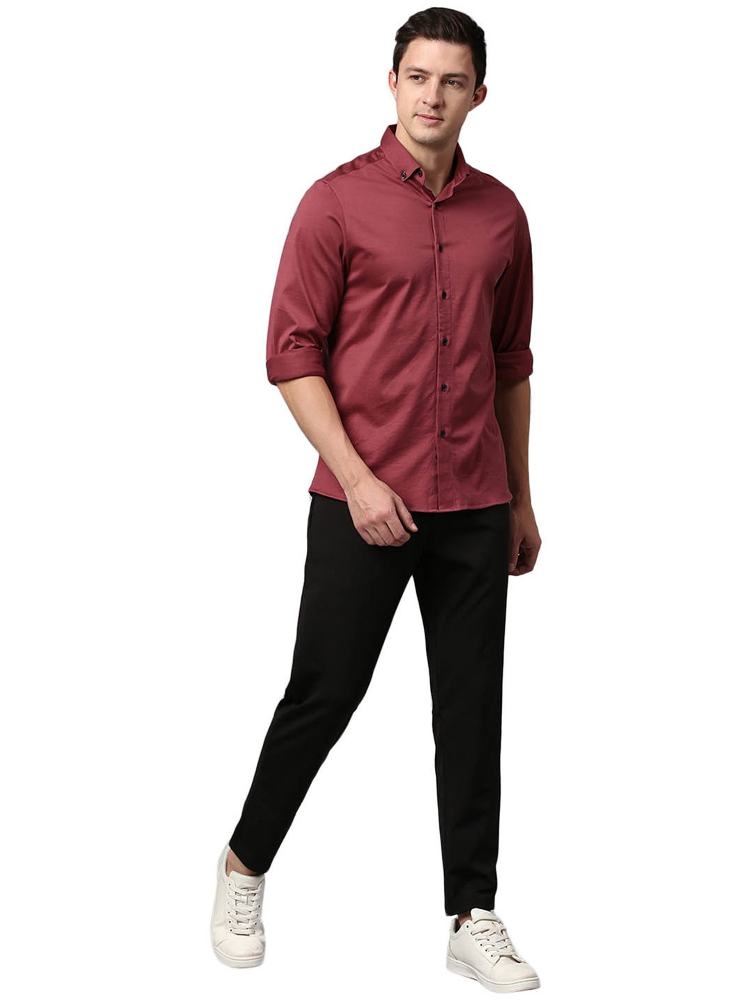 Slowave Maroon Cotton Regular Fit Shirt