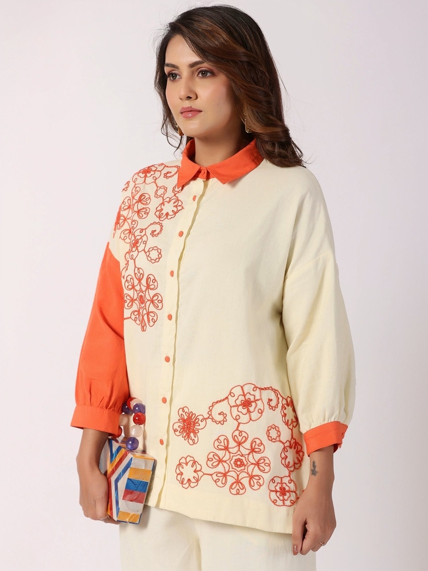 Zolo Label Beige Embroidered Shirt Palazzo Set
