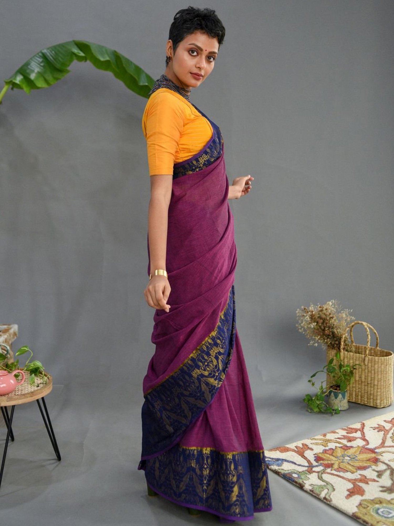 Suta Purple & Navy Cotton Woven Saree Without Blouse