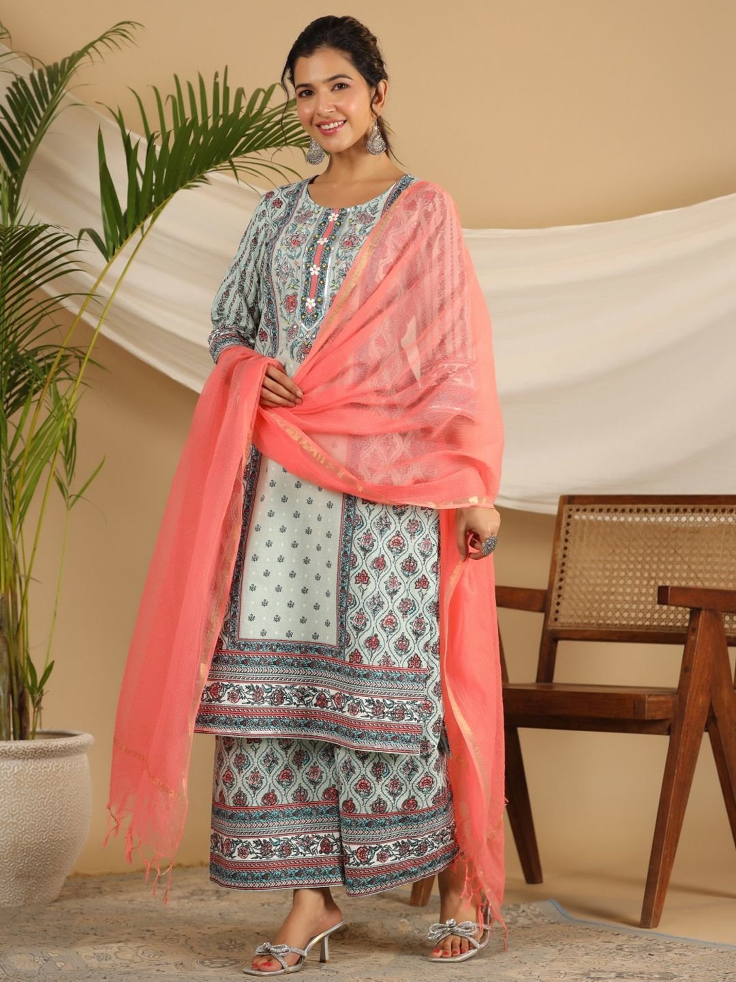 Juniper Mint Ethnic Motif Print Cotton Kurta Palazzos & Kota Doria Dupatta With Beads & Sequins