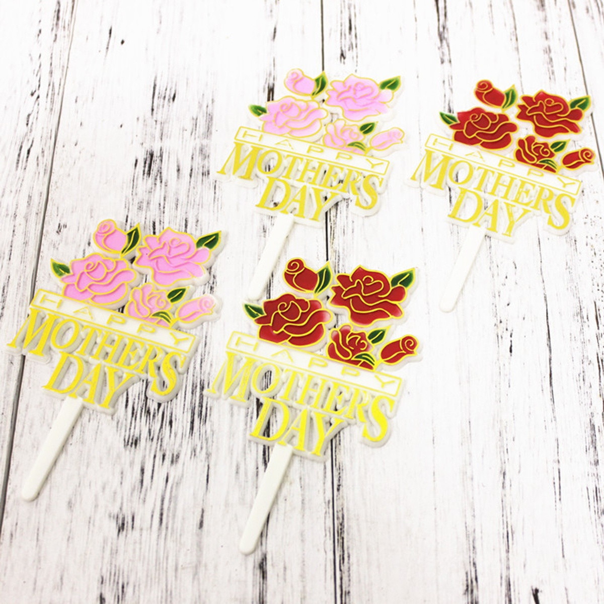20pcs Rose Cake Toppers Mothers Day Cake Picks DIY Cake Decoration Mothers Day Party Dessert Insert Favor (Pink + Red)