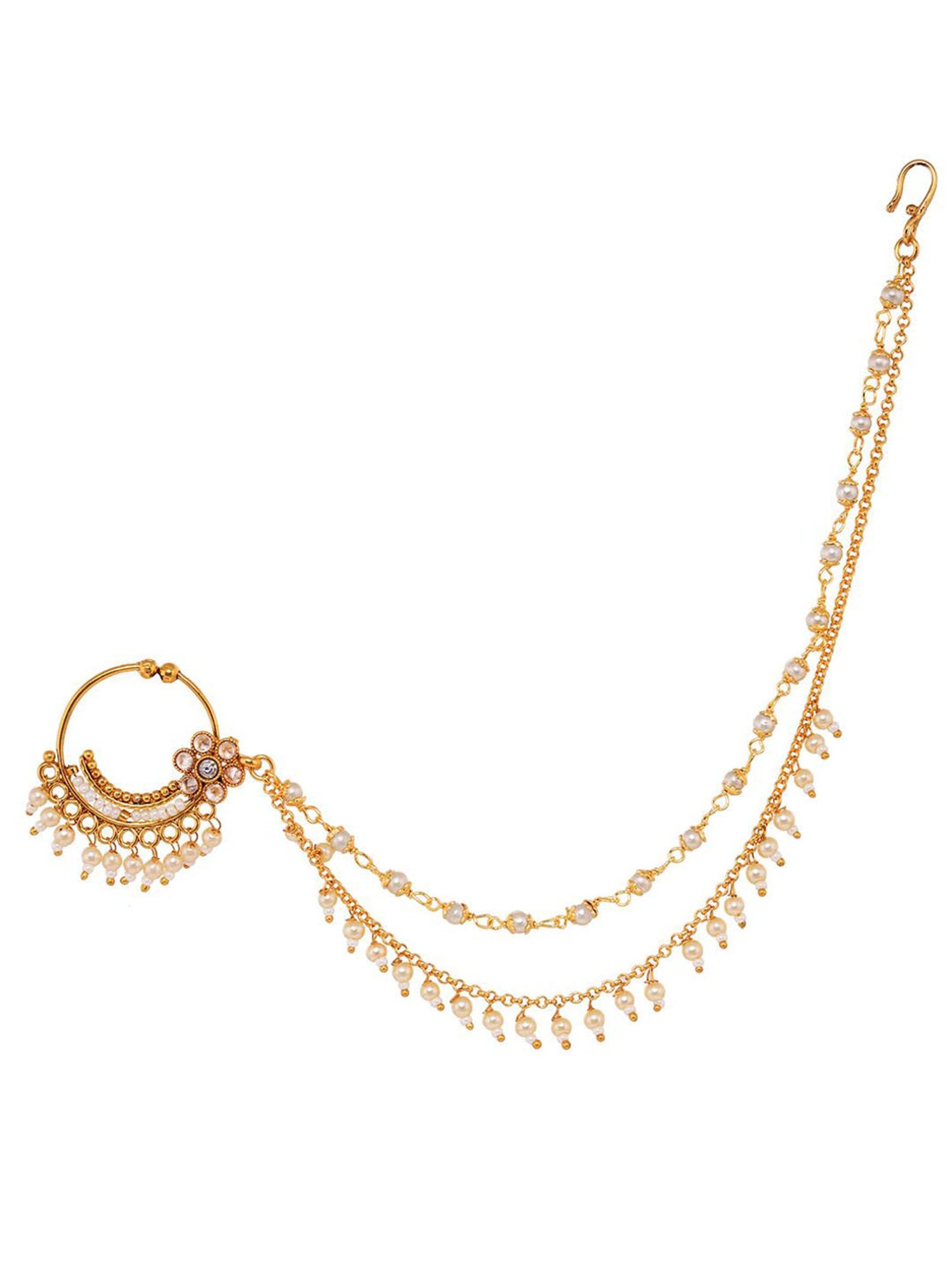 Saraf Rs Jewellery Gold Toned White Pearl Beaded Designer Nath Nose Ring With Chain