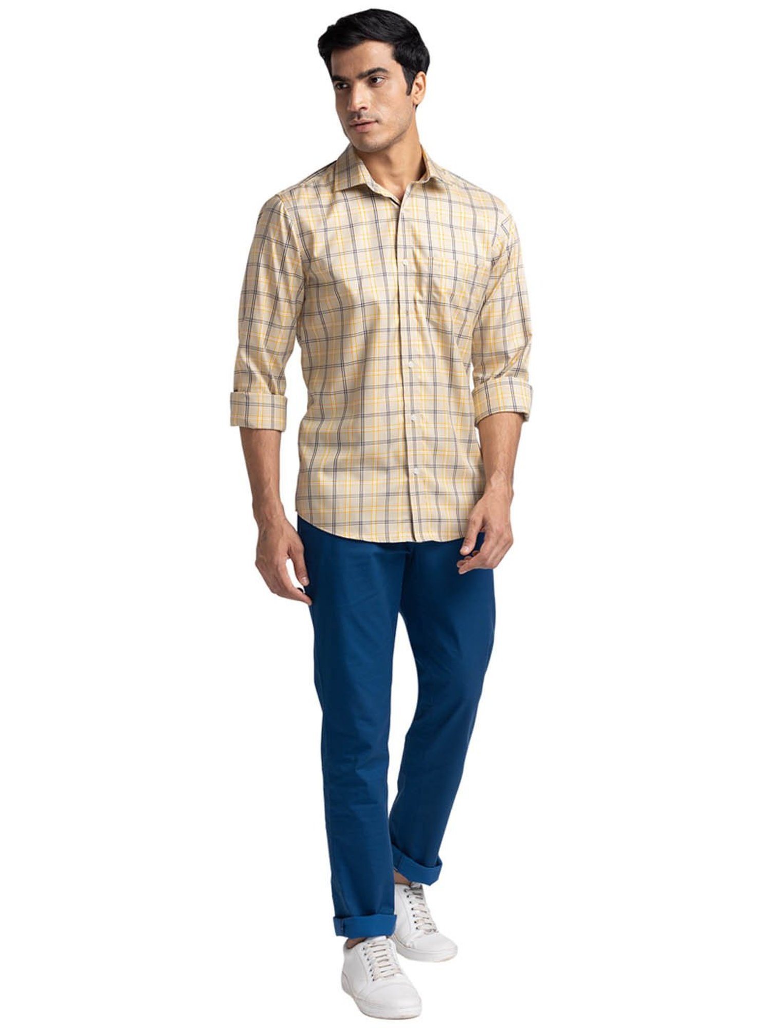 ColorPlus Beige Cotton Tailored Fit Checks Shirt