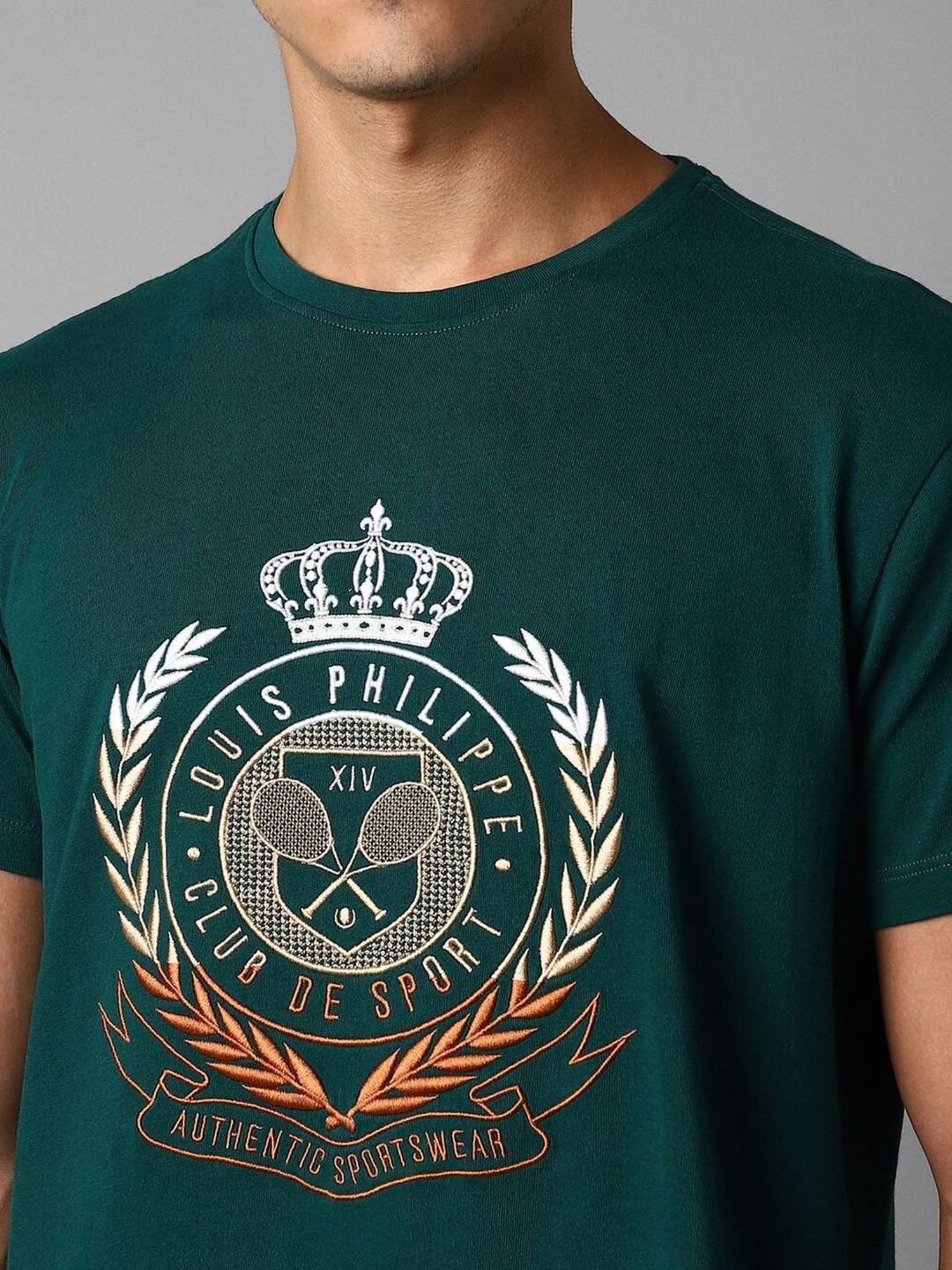 Louis Philippe Green Cotton Slim Fit Printed T-Shirt