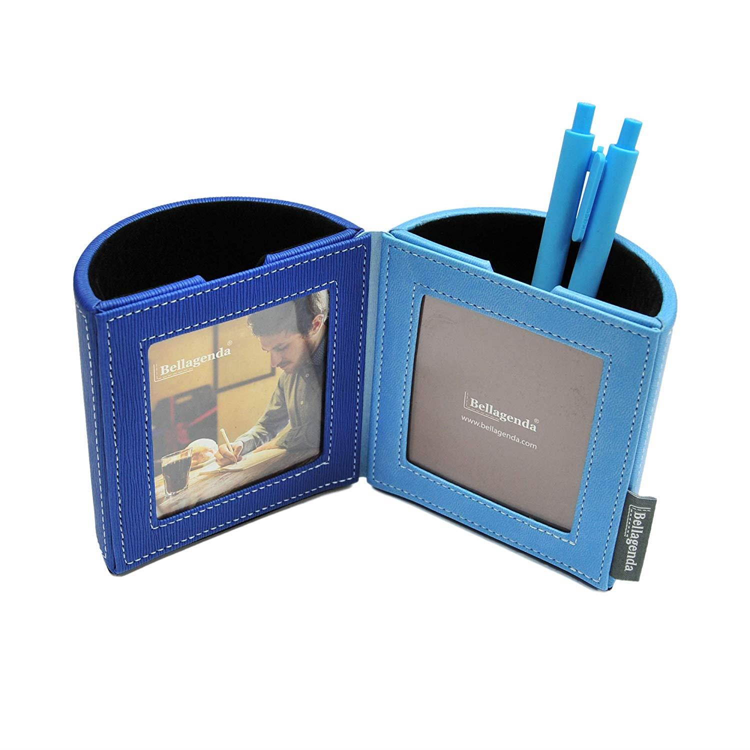 Pen Pencil Holder with Photo Frames | Desk Organizer | Desk Decoration | Multi Function Desk Stationery | Space Saver | 2 Picture Frames | Handicraft | PU Leather & Suede (Sky Blue)