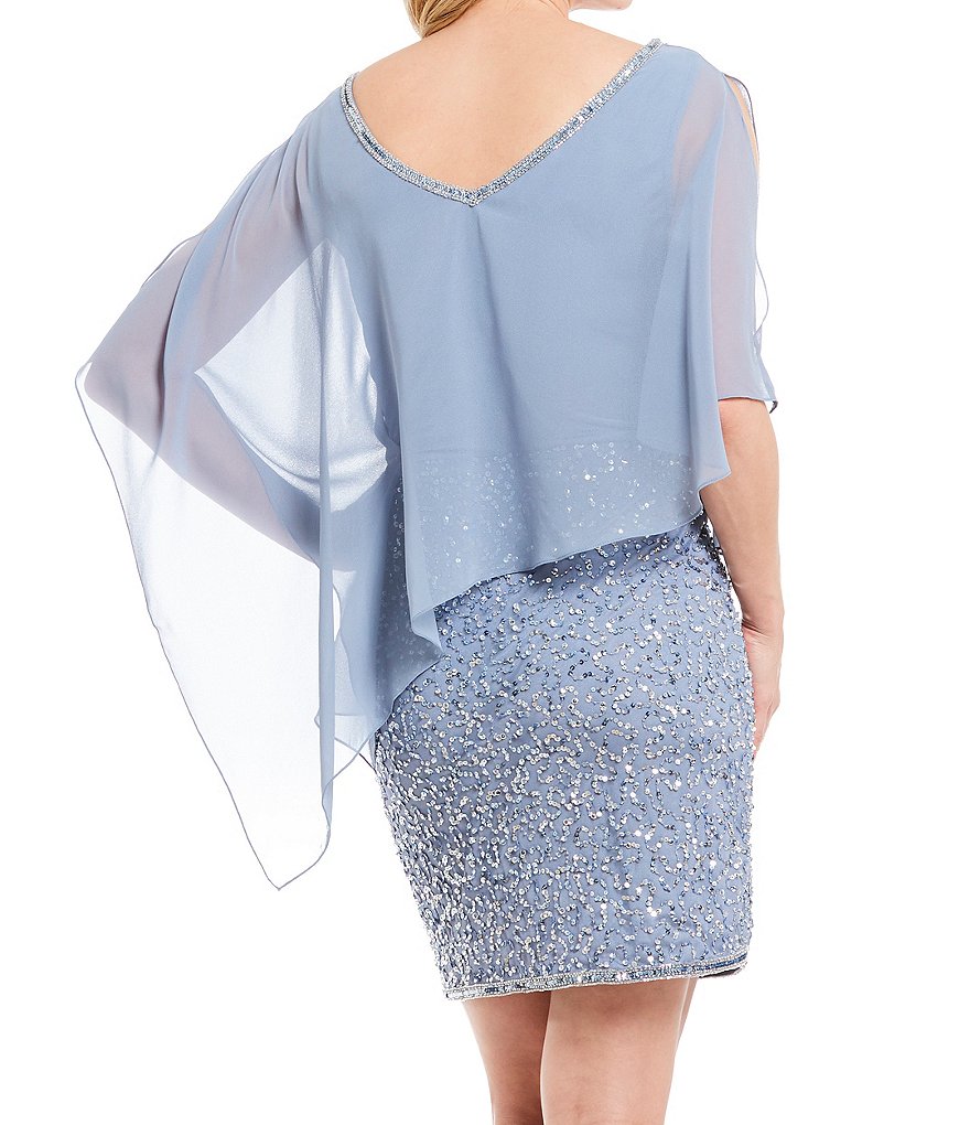 Jkara Petite Size Asymmetric Popover Split Shoulder Sequin Sheath Dress