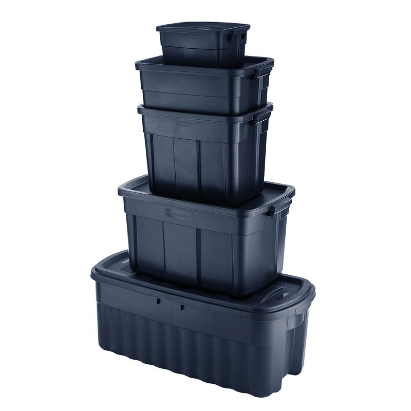 Rubbermaid Roughneck 31 Gallon Rugged Storage Tote in Dark Indigo Metallic with Lid and Handles for Home, Basement, Garage, (6 Pack)