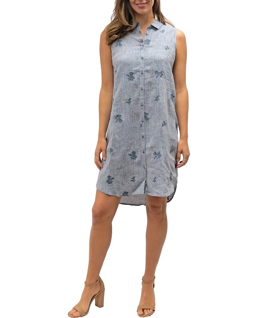 Karyn Seo Vira Sleeveless Tonal Embroidery Linen Chambray Dress