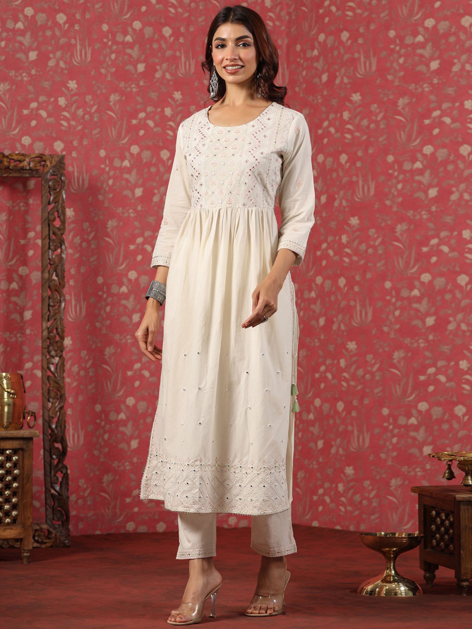 READIPRINT FASHIONS Beige Cotton Embroidered Kurta Pant Set With Dupatta